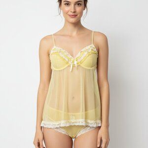 Vintage Jezebel Y2K Babydoll Tank Nightie Ruffles Yellow Mesh Lace Fairy XL